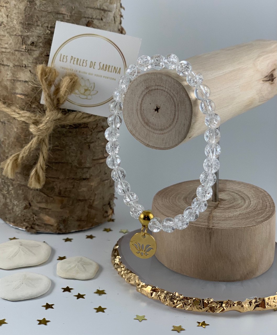 Bracelet en Perles de cristal de roche givrée 6mm  