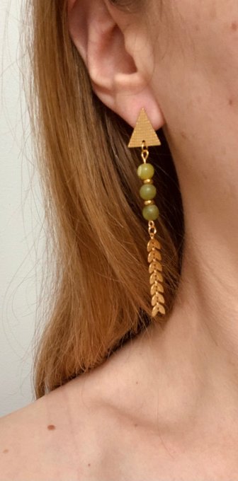 Boucles d'oreilles triangles, Acier inoxydable doré et perles naturelles 